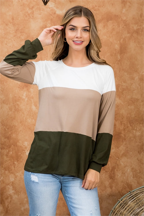 Round Neck Puff Sleeve Color Block Top