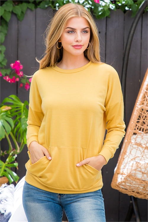 Solid French Terry Long Sleeve Top With Kangaroo Pocket 2