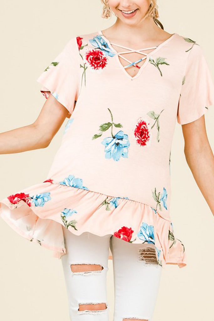 Short Sleeve V-Neck Floral Print Top