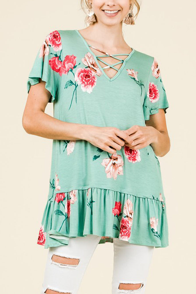 Short Sleeve V-Neck Floral Print Top