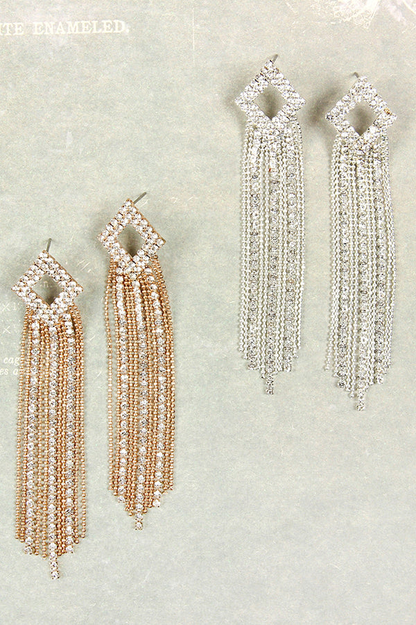 25601 - 2-LINE RHINESTONE RHOMBUS FRINGE EARRINGS